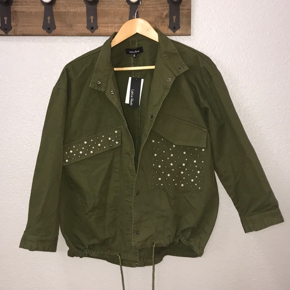 NWT $188 Army jean jacket with pearl accents - Picture 2 of 7